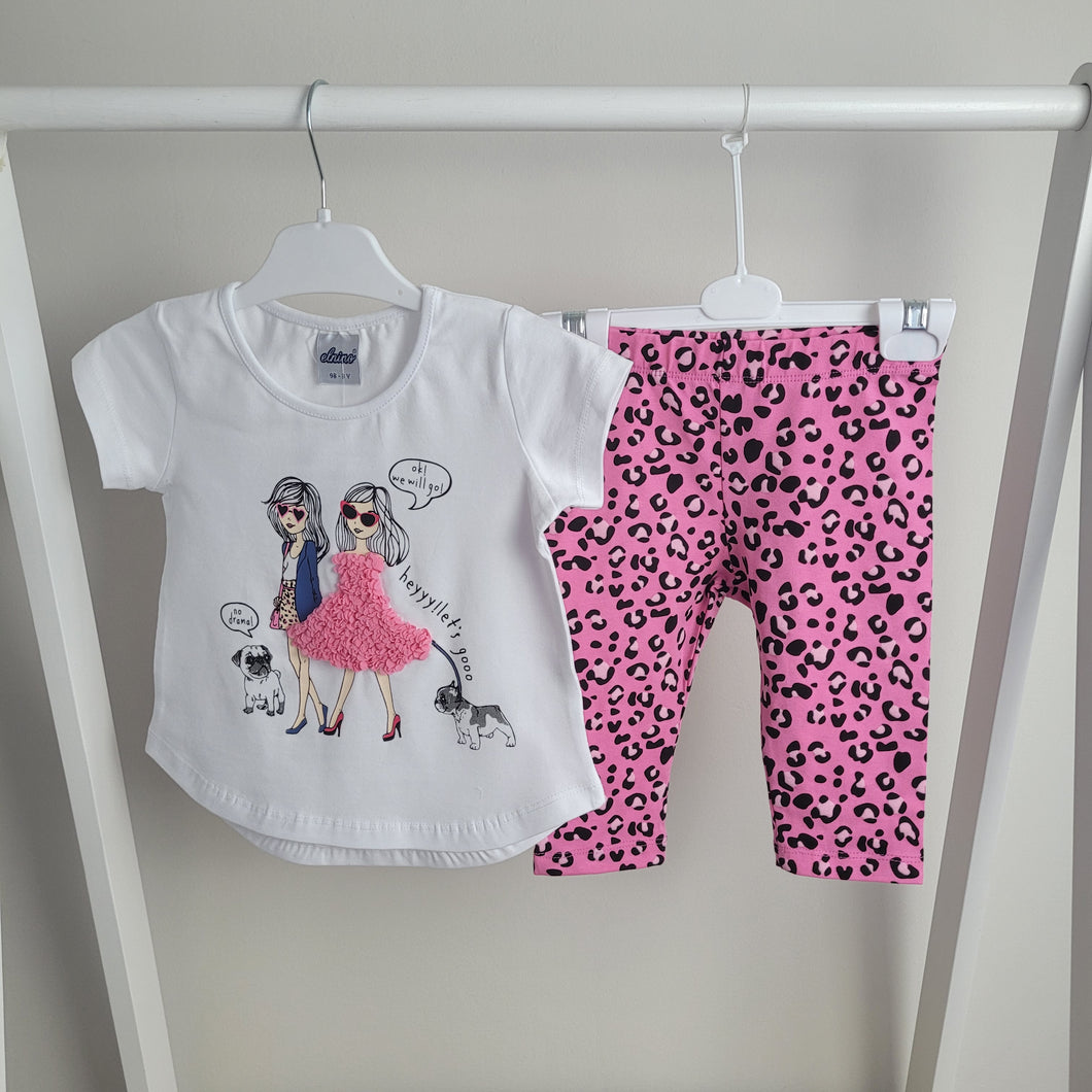 Girls Pink Leopard Print Leggings and 3d T-shirt set