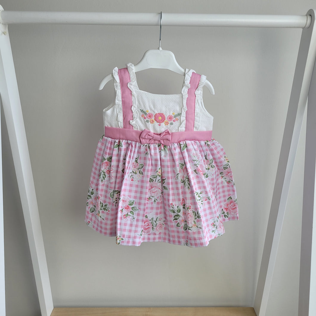 Baby Girls Pink and White Gingham and Floral Dress