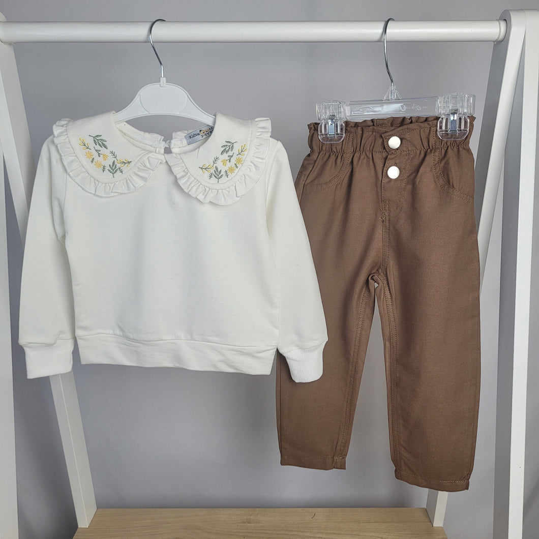 Girl's Floral Collar Top and Trousers Set