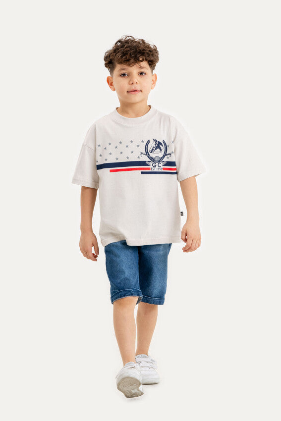 Boys Luxury Beige T-Shirt and Denim Shorts Set