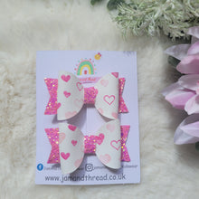 Load image into Gallery viewer, Small Dolly Bow Duo-Hot Pink Hearts/Sparkle
