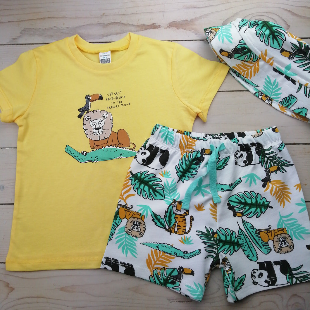 Boys Jungle themed Top and Shorts with matching Bucket hat