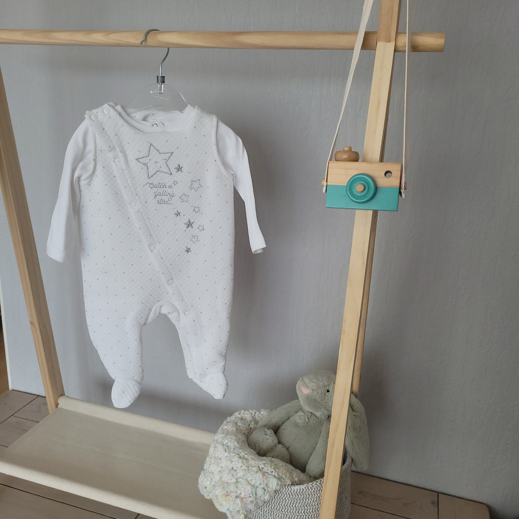 Baby unisex white dungarees and top